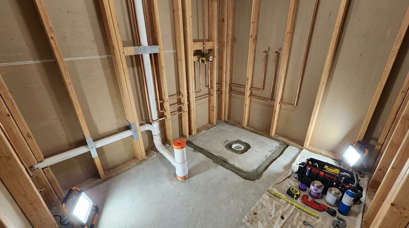 Bathroom rough-in plumbing during remodel by Johns Plumbing LLC in Waterboro