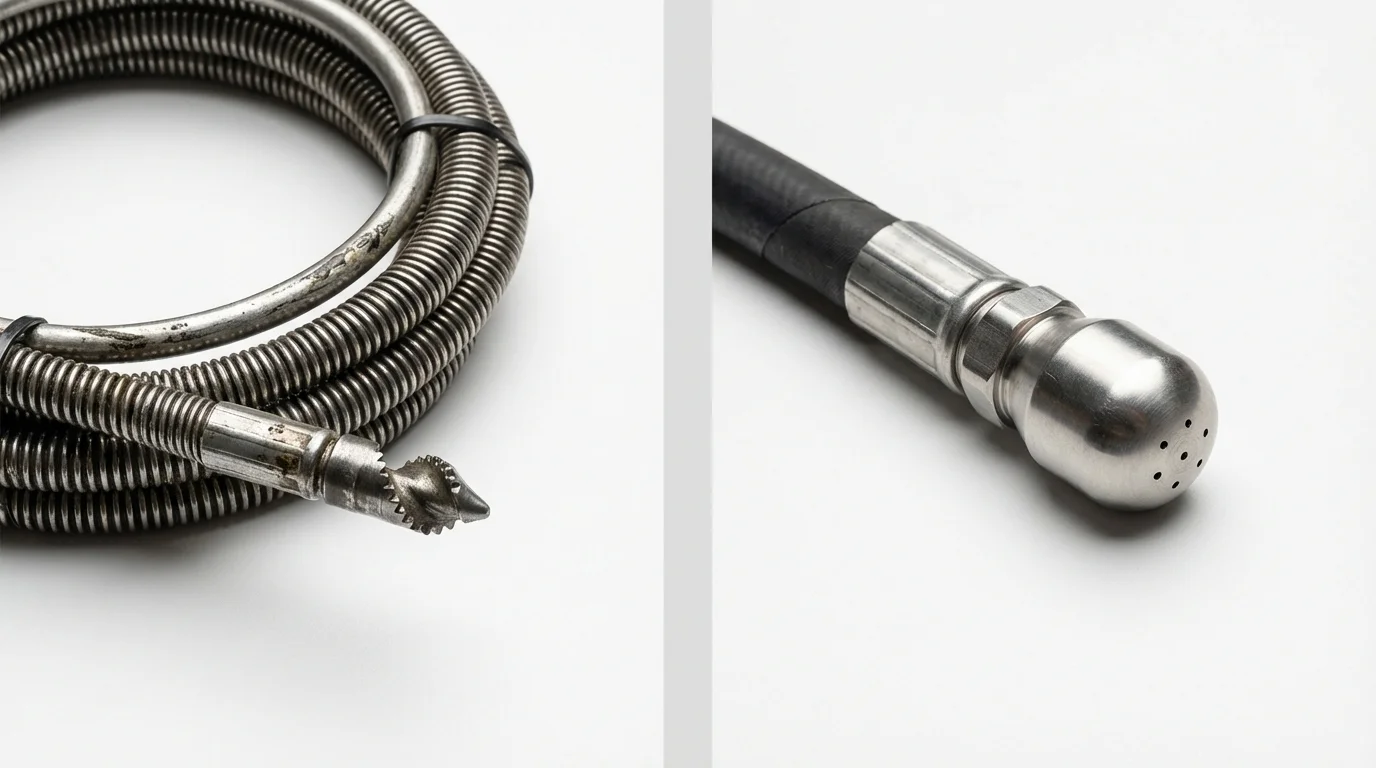 Drain snake cable and hydro jetting nozzle used for drain cleaning in Waterboro, ME