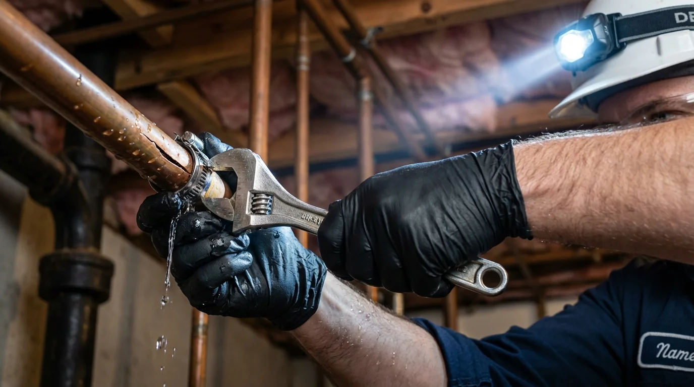 Emergency pipe clamp repair being performed by a Johns Plumbing LLC plumber in Waterboro