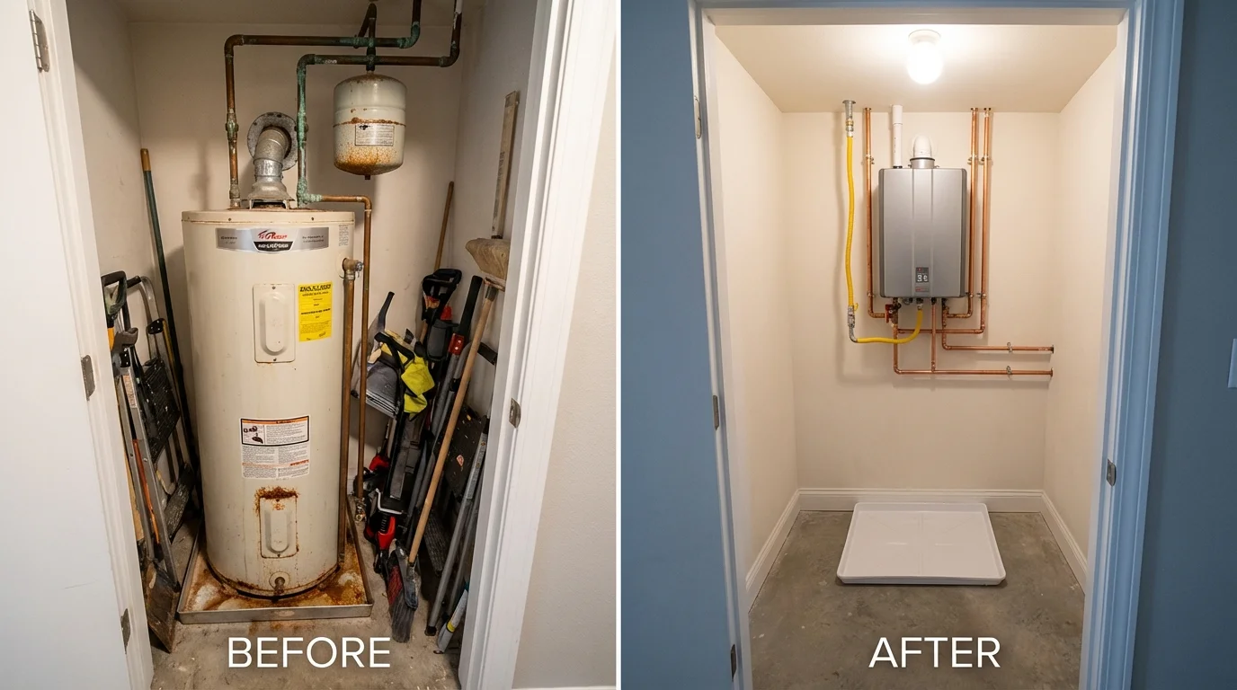 Tank water heater versus wall-mounted tankless unit comparison for Waterboro, ME homeowners