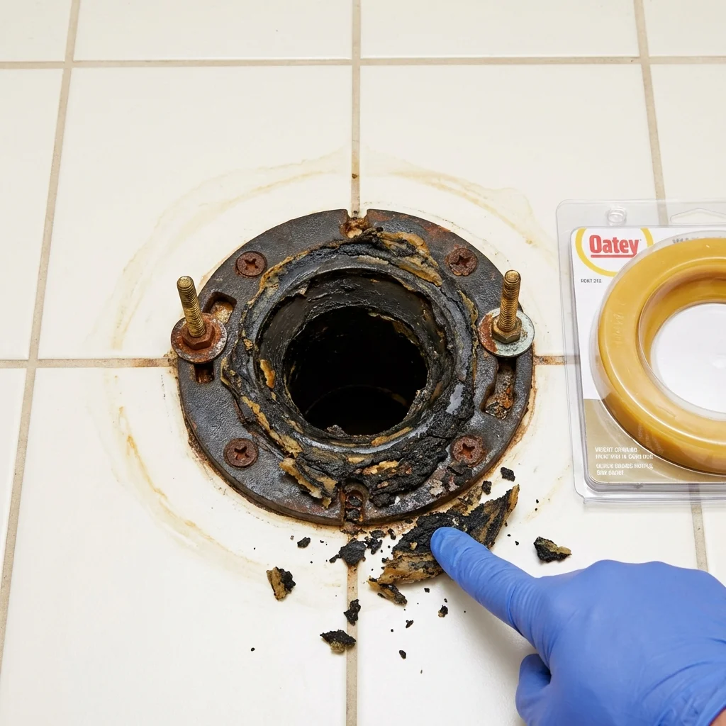 Failed wax ring showing water seepage at the base of a toilet in a Waterboro, ME home