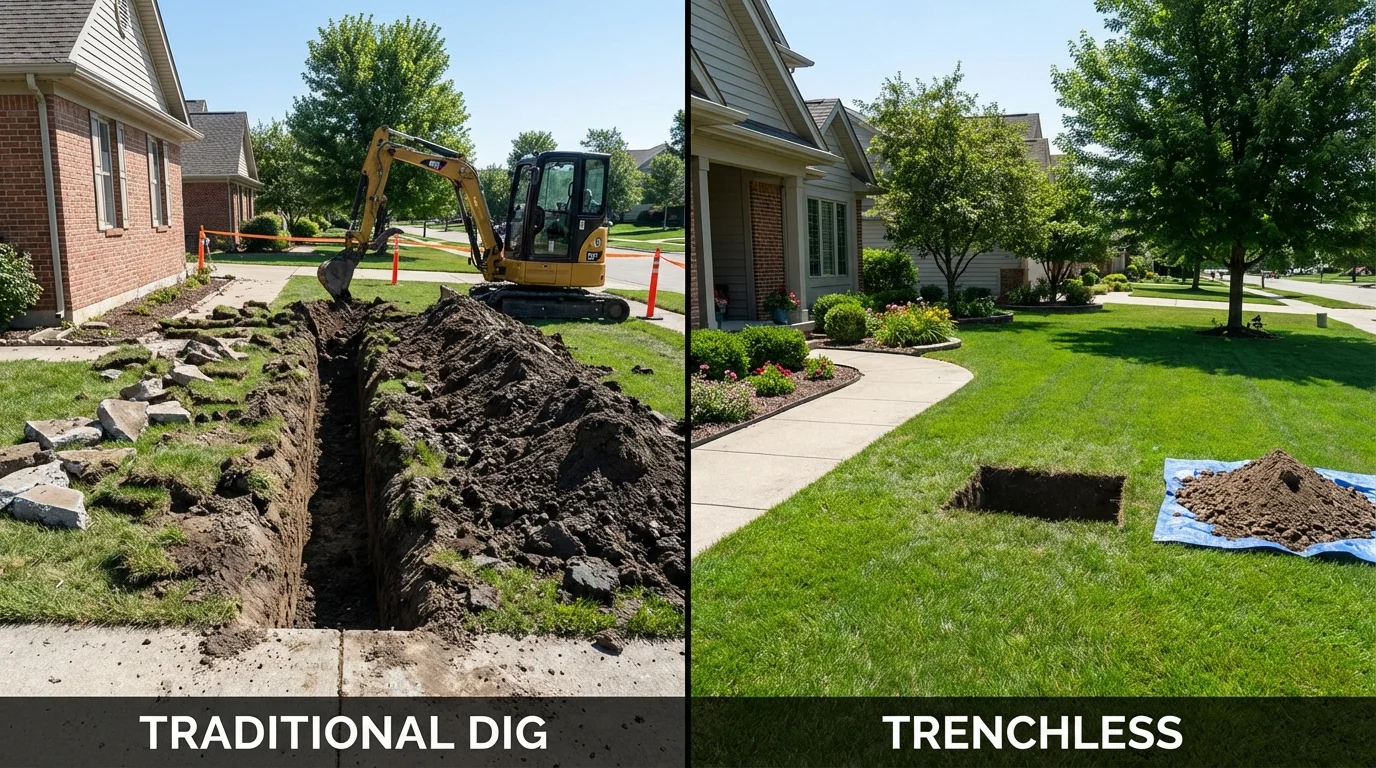 Trenchless sewer repair with minimal yard damage versus traditional excavation in Waterboro, ME