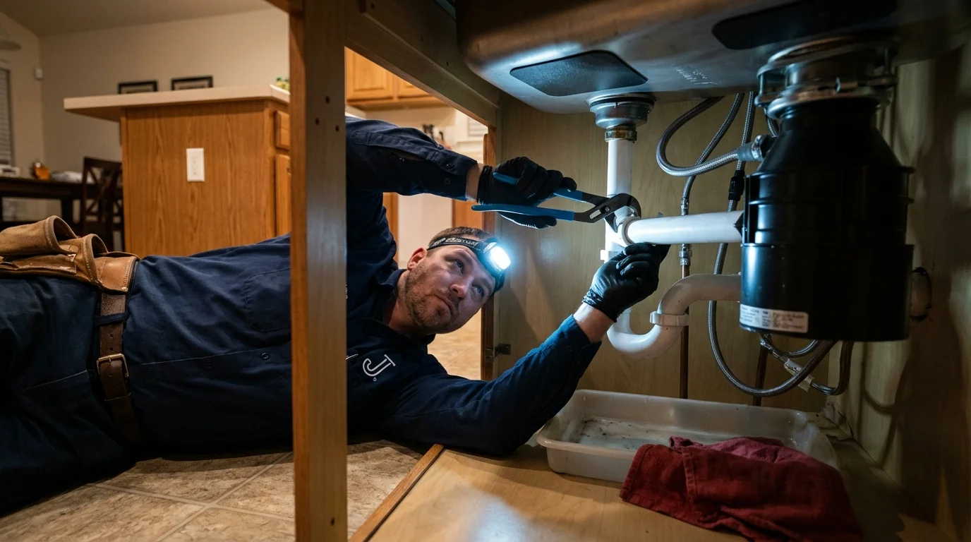 P-trap and supply line connections under a kitchen sink showing a common leak point in Waterboro, ME